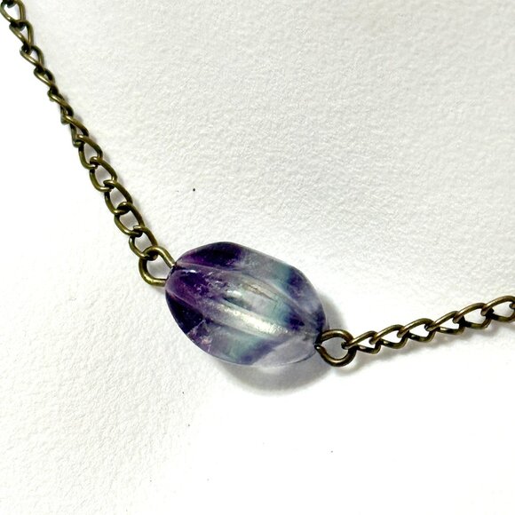 2/$20, Rainbow Fluorite Short Necklace, Genuine Gemstone Pendant & Bronze Chain - Picture 1 of 12